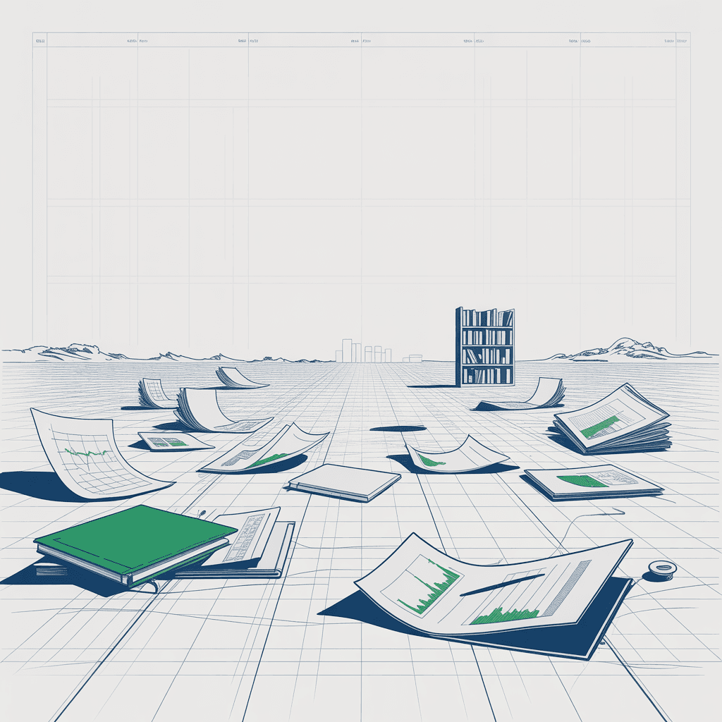 Scattered documents blowing across a sparse landscape