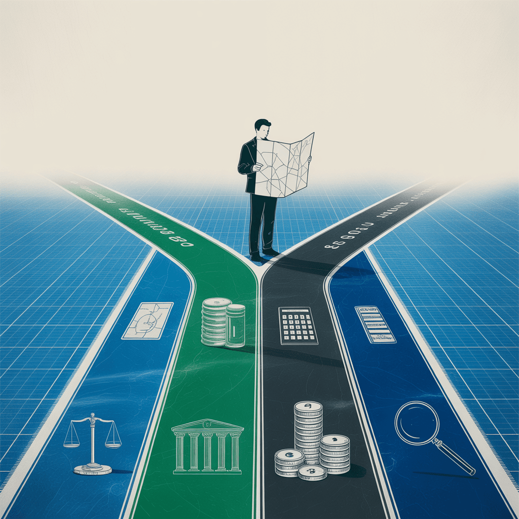 A lone figure at a vast crossroads of diverging professional paths