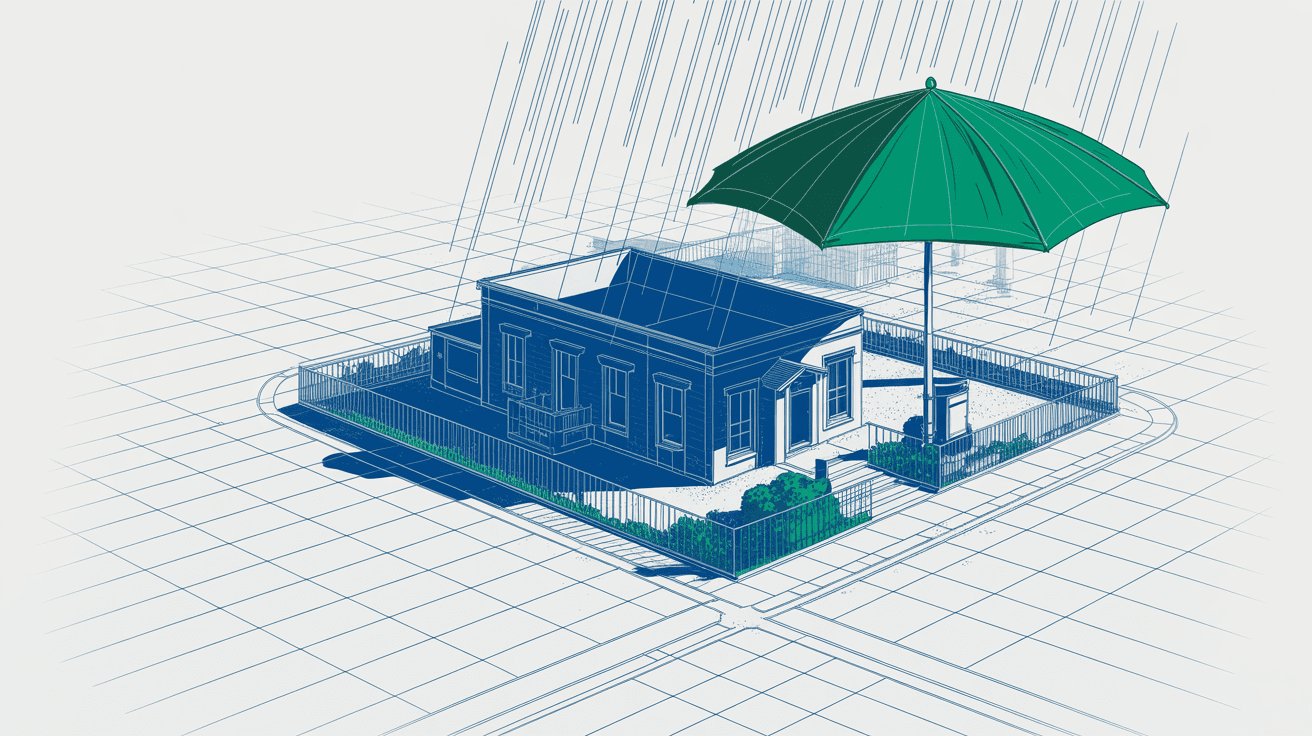 Blueprint illustration of a small business sheltered by an umbrella representing SBA line of credit protection
