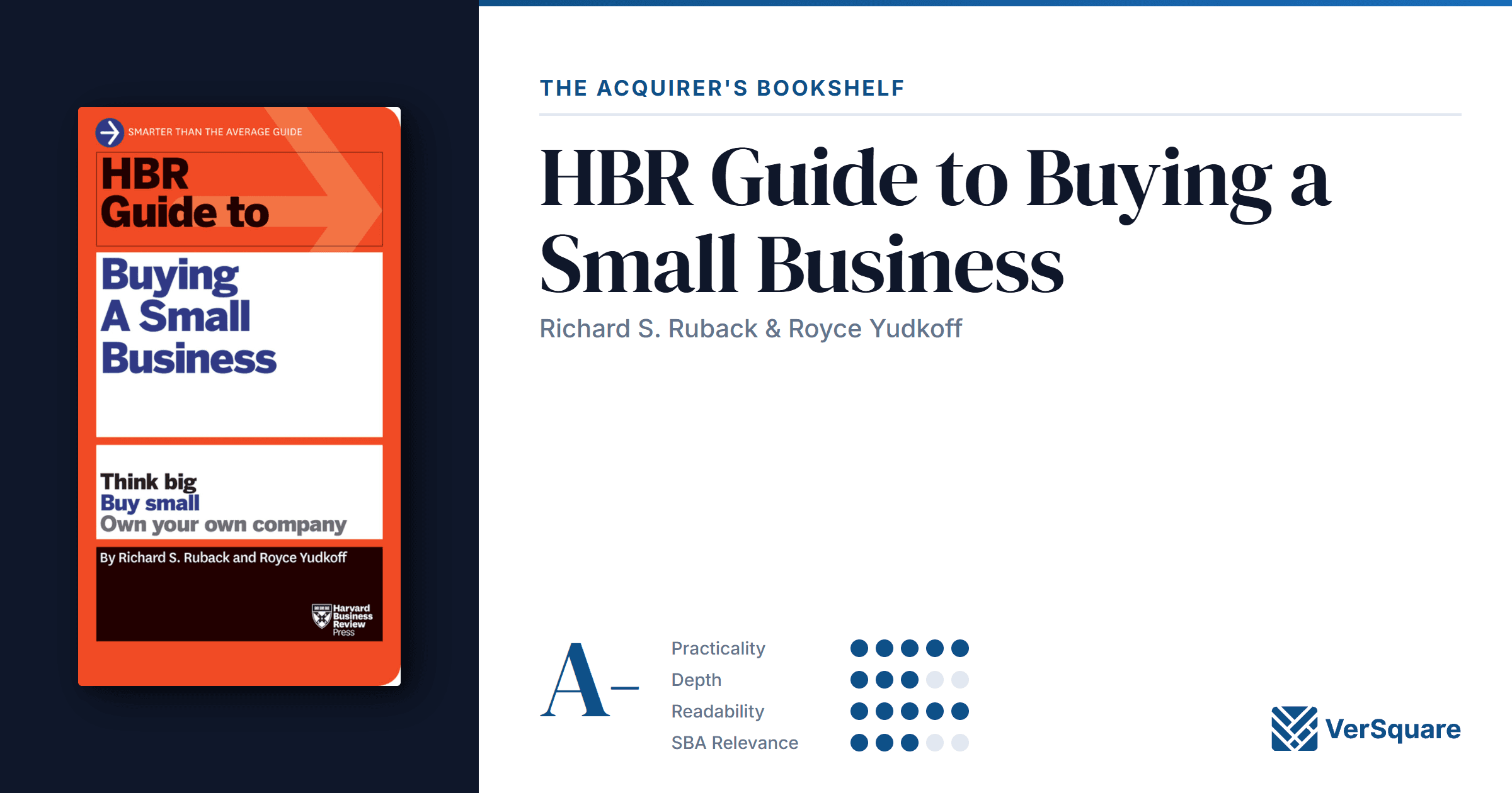 Book review cover for HBR Guide to Buying a Small Business by Ruback and Yudkoff, graded A- with dimensional ratings