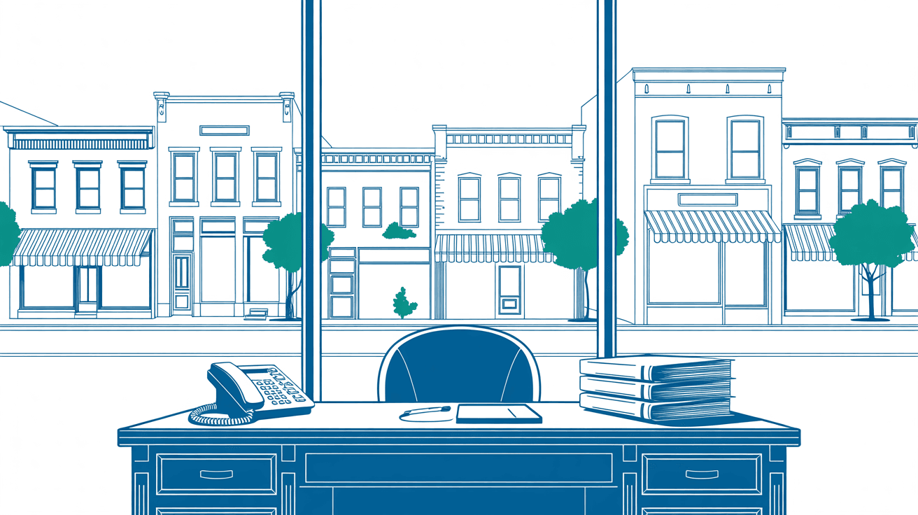 Blueprint-style illustration of a business broker's desk with a telephone and listing folders, overlooking a row of Main Street small businesses