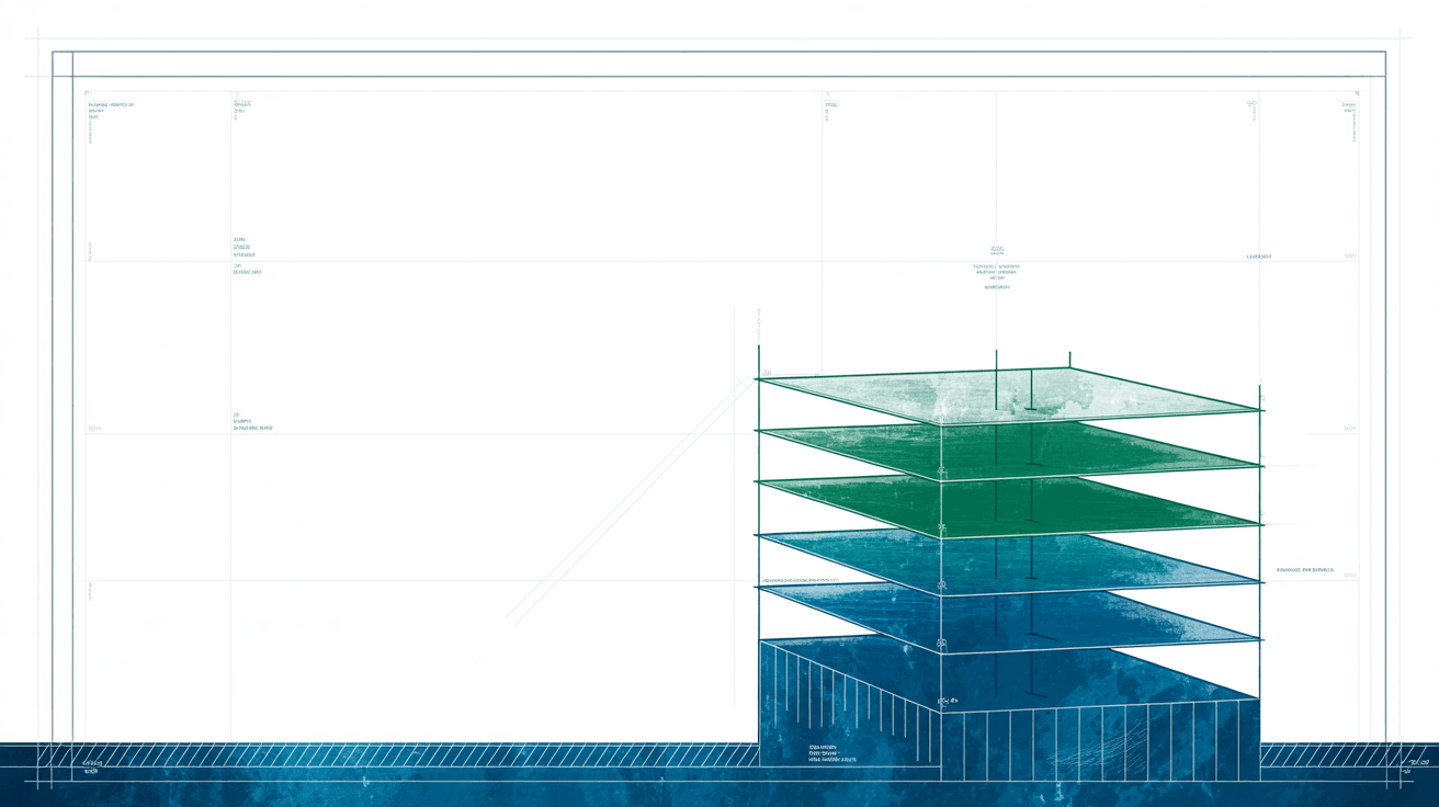 Blueprint-style architectural section showing a column of stacked horizontal layers in blue and green, representing the layers of an SBA acquisition capital structure